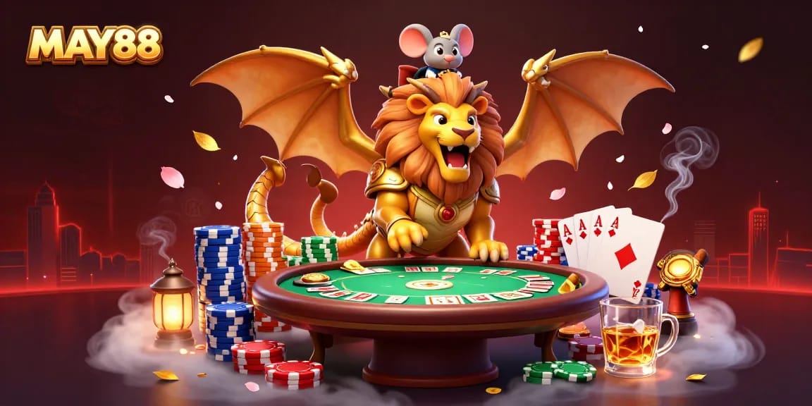 MAY88 showcases a triumphant chimera in golden armor at a poker table, surrounded by vibrant casino elements.