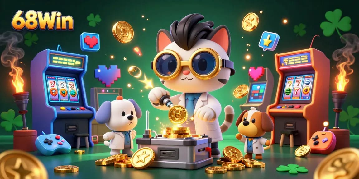 Join the fun at 68Win Casino with a vibrant 3D scene filled with golden coins and gaming excitement.