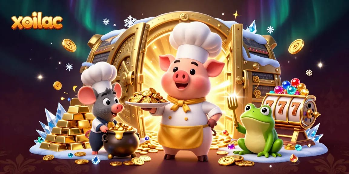 Bet on big wins with xoilac's exciting gold-themed casino illustration featuring colorful characters and treasure.
