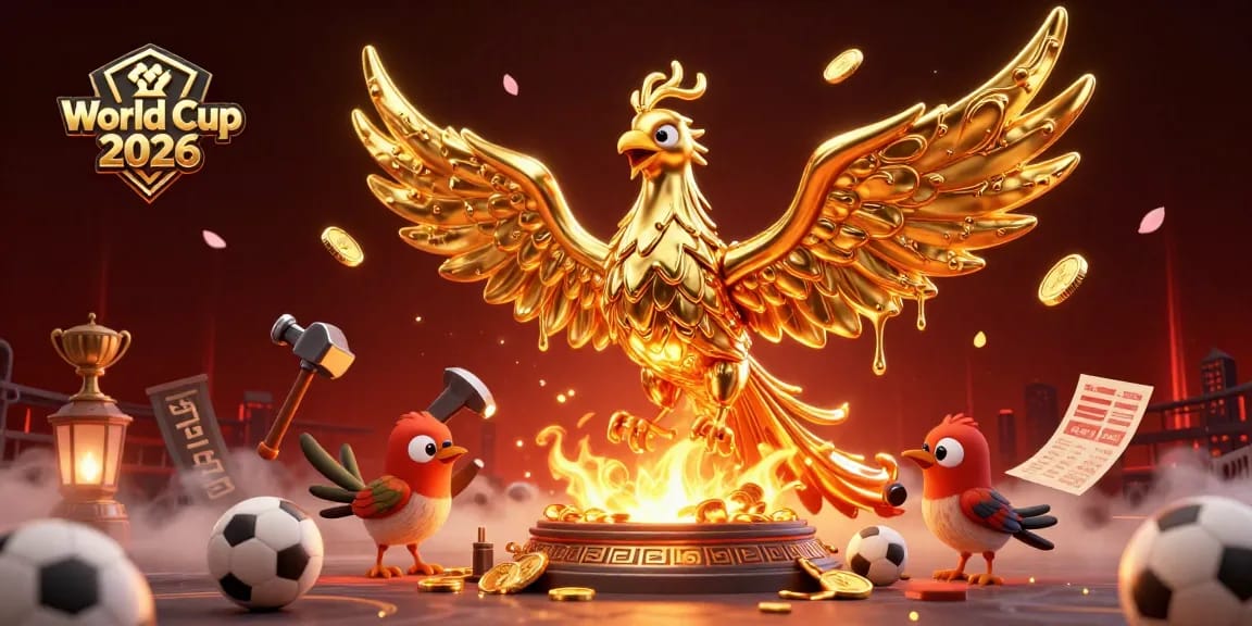 Celebrate World Cup 2026 with a vibrant scene featuring a golden phoenix and dynamic sports elements.