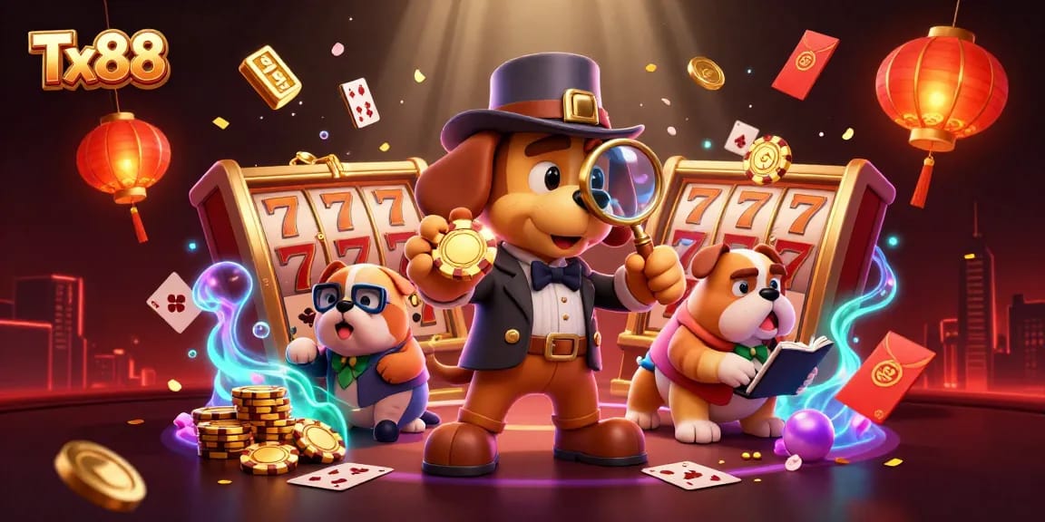 Experience Tx88 excitement with cartoon detective clues and casino elements in a vibrant 3D illustration.