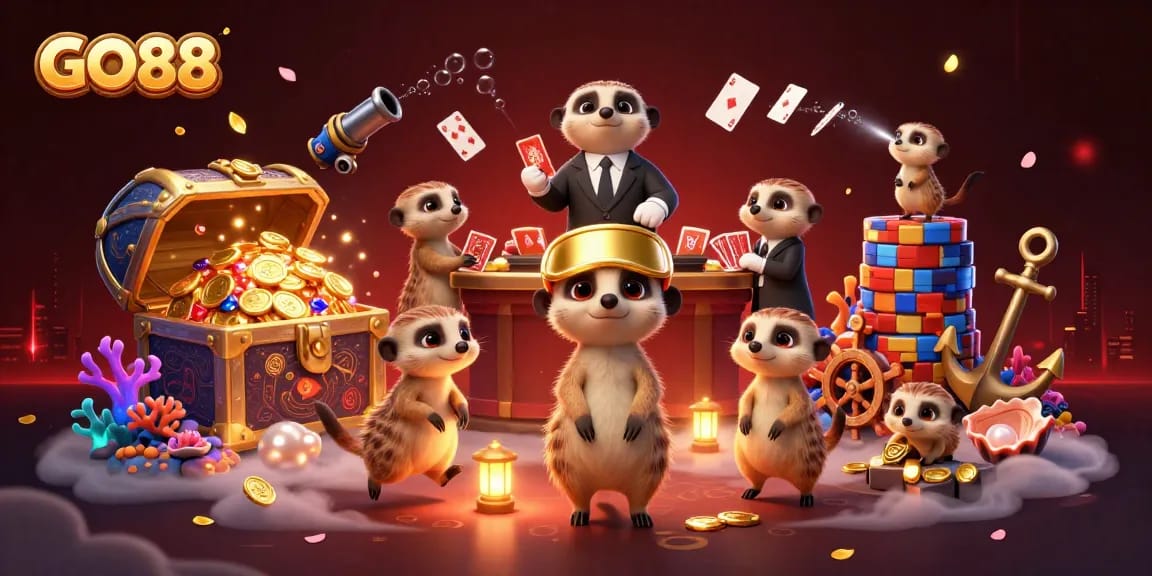 GO88 meerkats manage a vibrant casino scene filled with lively gaming elements and rich visuals.