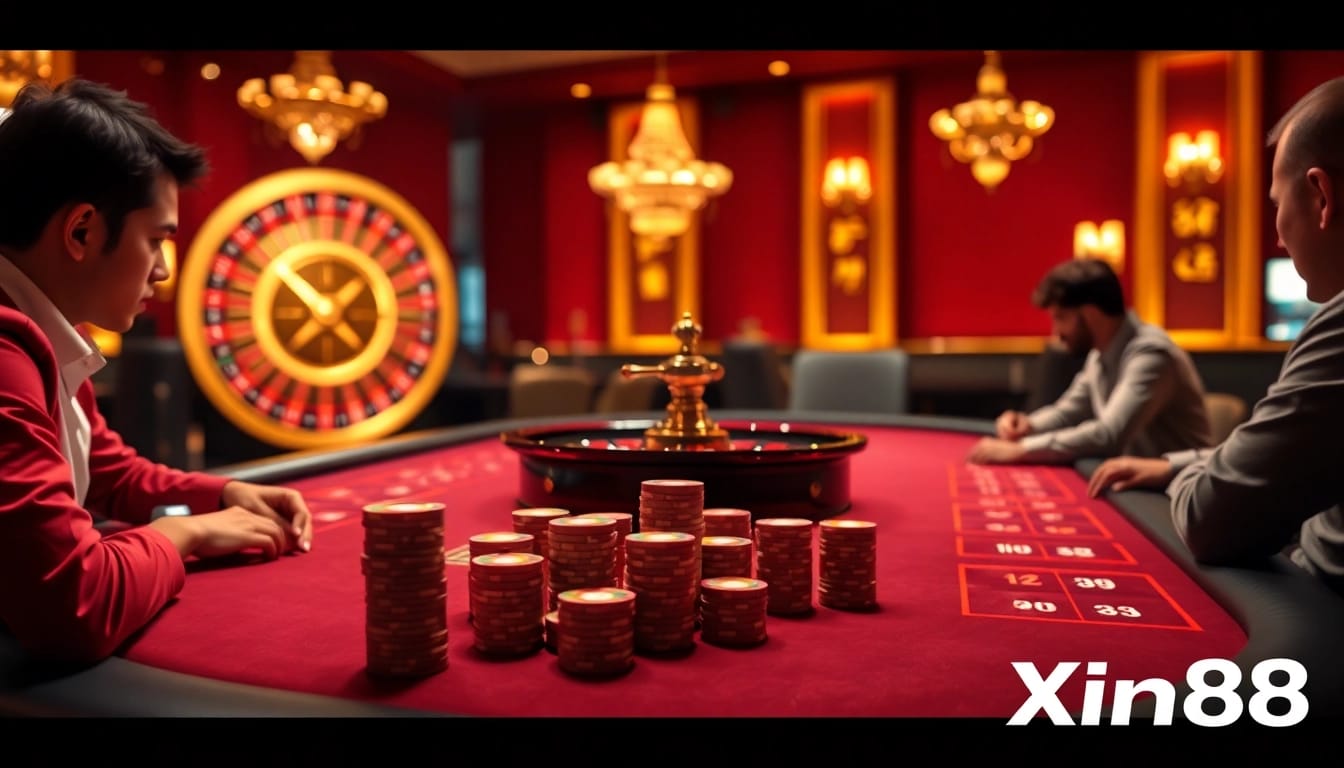 Experience high-stakes gameplay at Xin88's luxurious casino with thrilling poker tables and vibrant roulette.