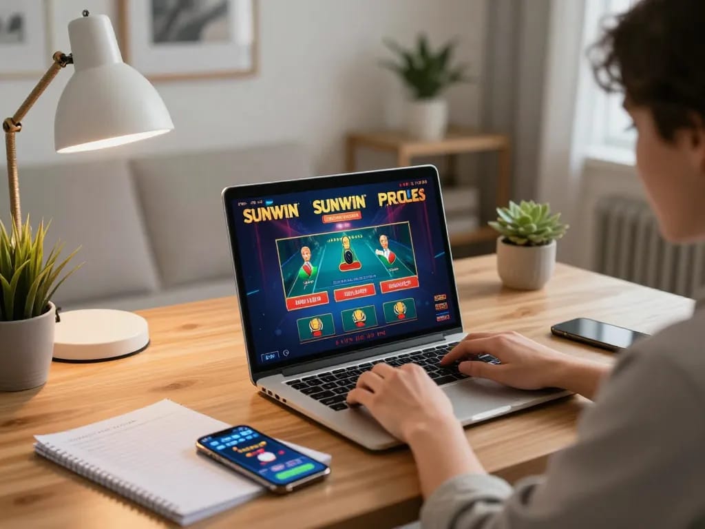 Engaging online gaming experience with Sunwin platform on laptop in cozy home office setting