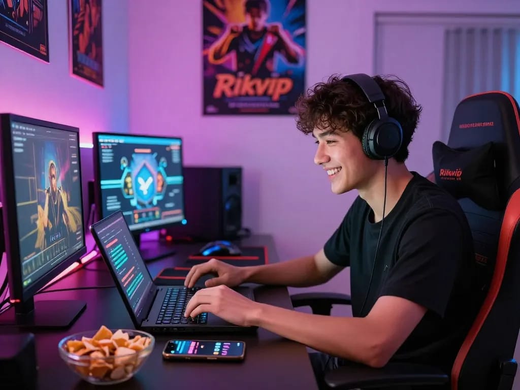 Engaging gaming atmosphere featuring Rikvip on a laptop, snacks, and cheerful LED lights