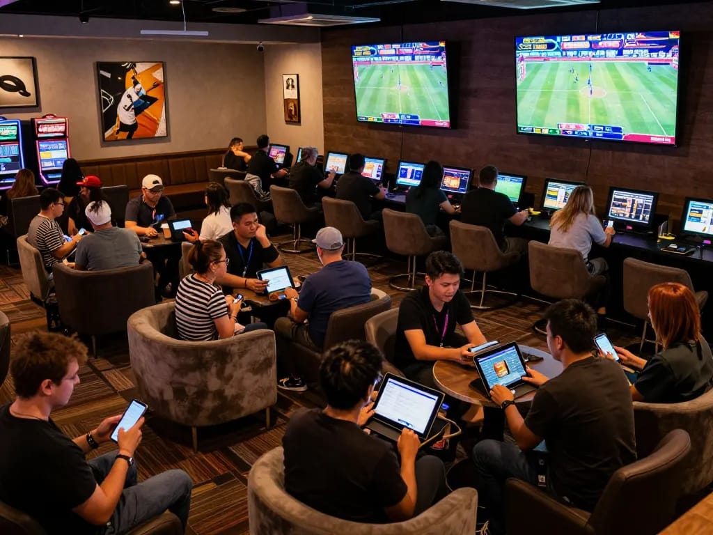nhandinhkeonhacai enthusiasts strategizing bets in a lively sports betting lounge