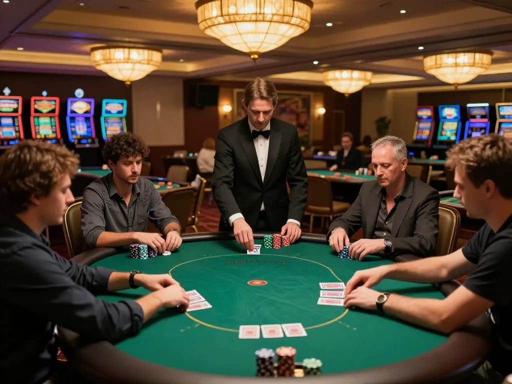 Players engage in thrilling card games at 789win casino, showcasing strategy and excitement in upscale poker room