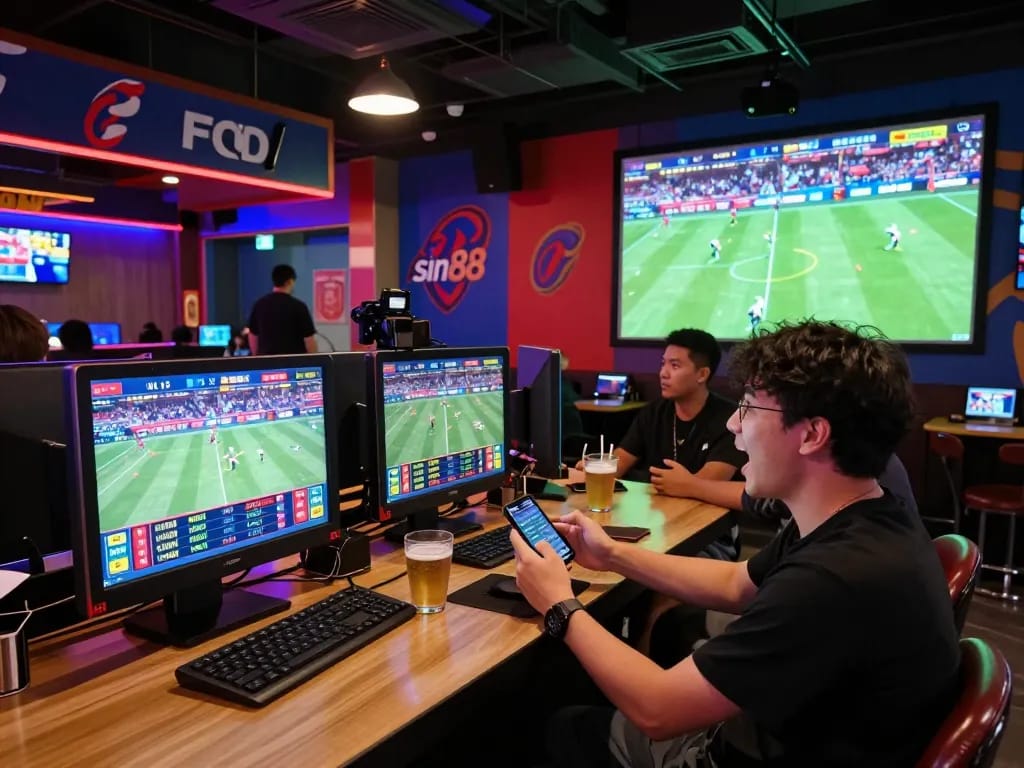 Engaged user placing bets on sin88 app during live sports event in a vibrant sports bar.