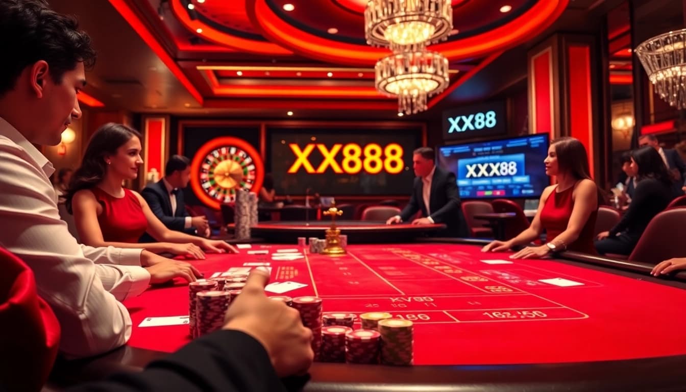 Players enjoying a thrilling baccarat game at XX88's luxurious casino table, highlighted by colorful chips and cards.