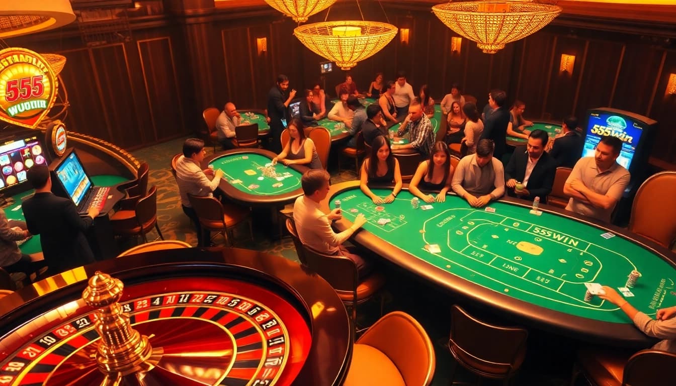 Engaging players at a luxurious casino table with 555win branding, showcasing an inviting atmosphere and professional gameplay.