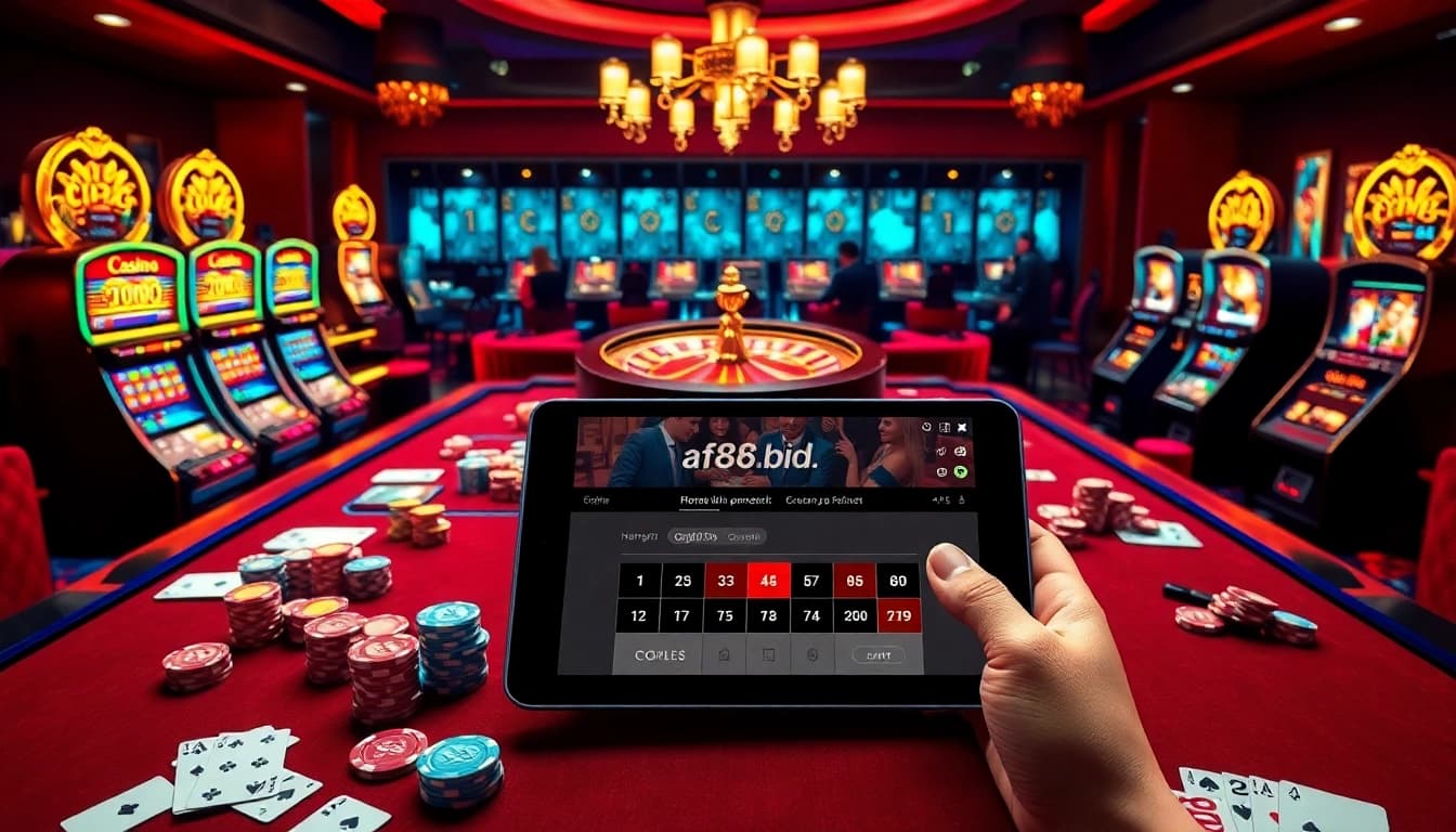 The exciting online gambling experience at https://af88.bid/ featuring vibrant casino tables and slot machines.