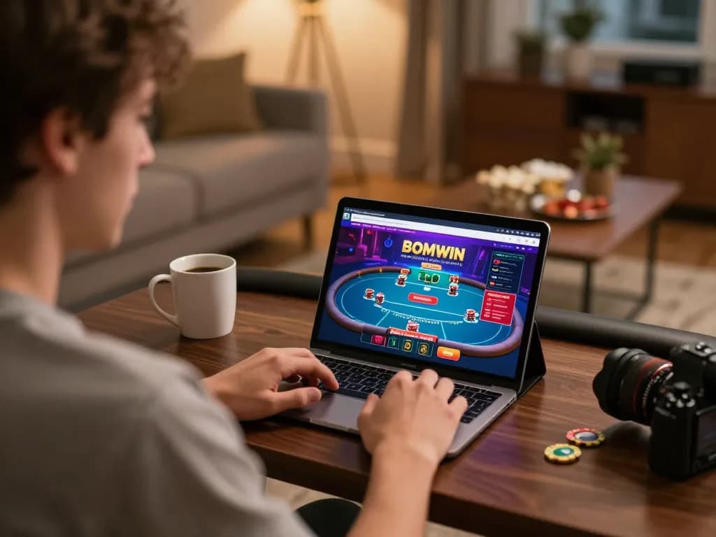 BOMWIN user engaging with online poker gameplay, emphasizing strategic online gaming environment.