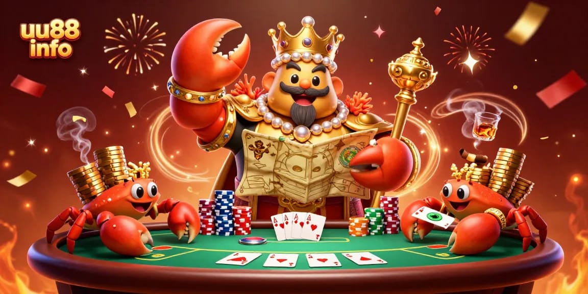 Experience the excitement of uu88 info with a vibrant 3D scene showcasing a golden crab emperor ruling the casino.