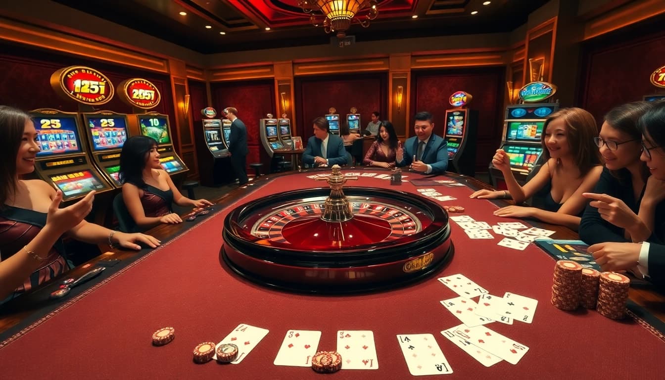 Kèo nhà cái 5 roulette and card betting scene in a luxurious casino environment.