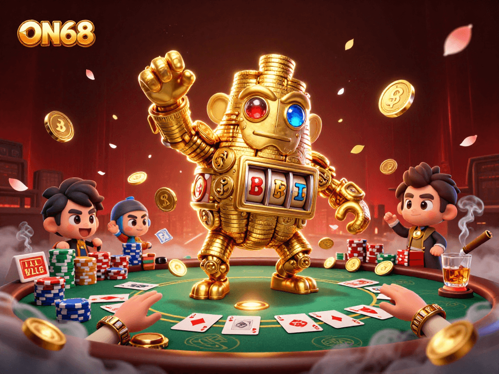 Engage in exciting poker action at ON68 with a 3D golden golem surrounded by vibrant casino elements.