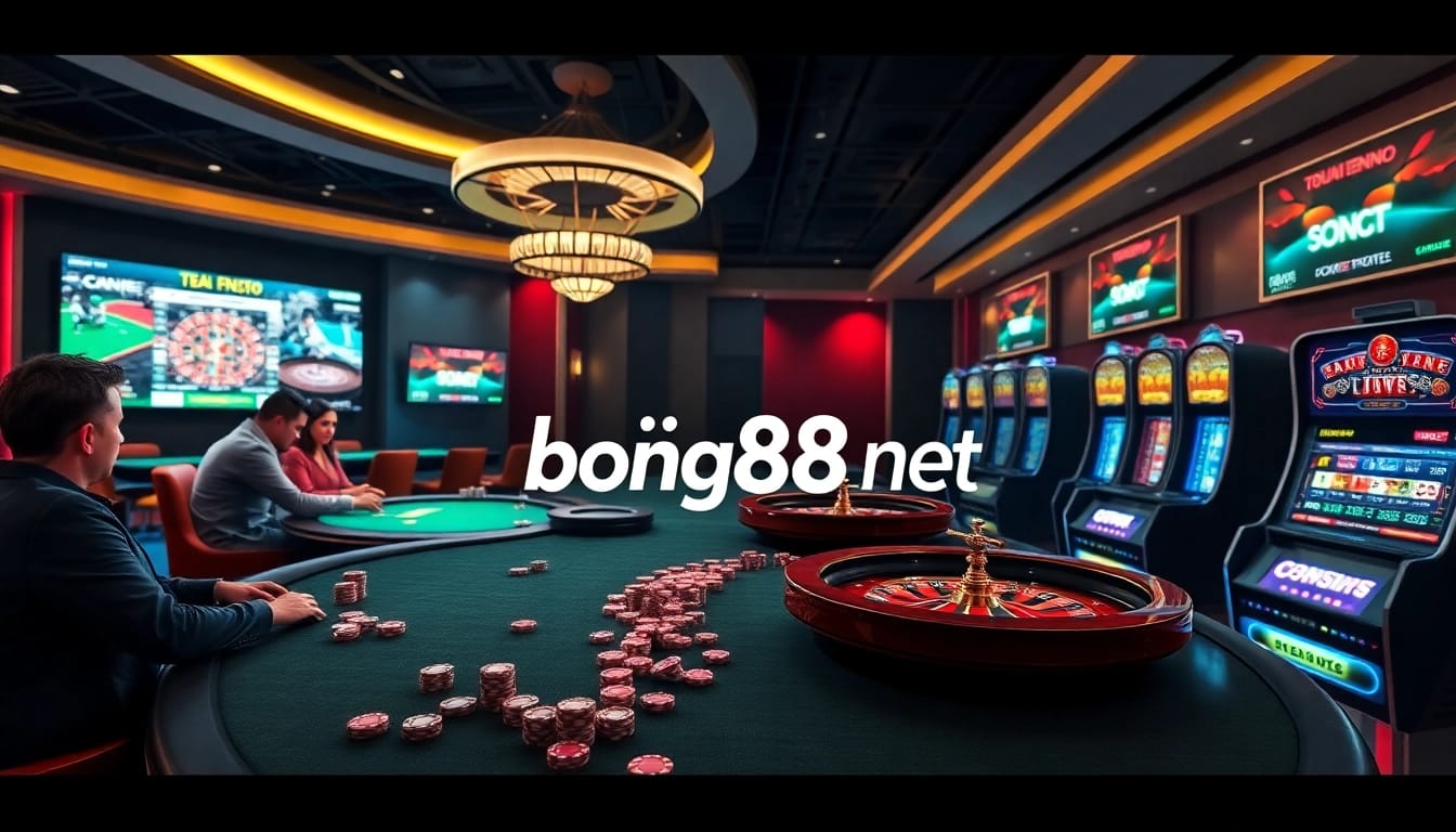 Players enjoying high-stakes poker and slot machines at bong88 net’s online casino.