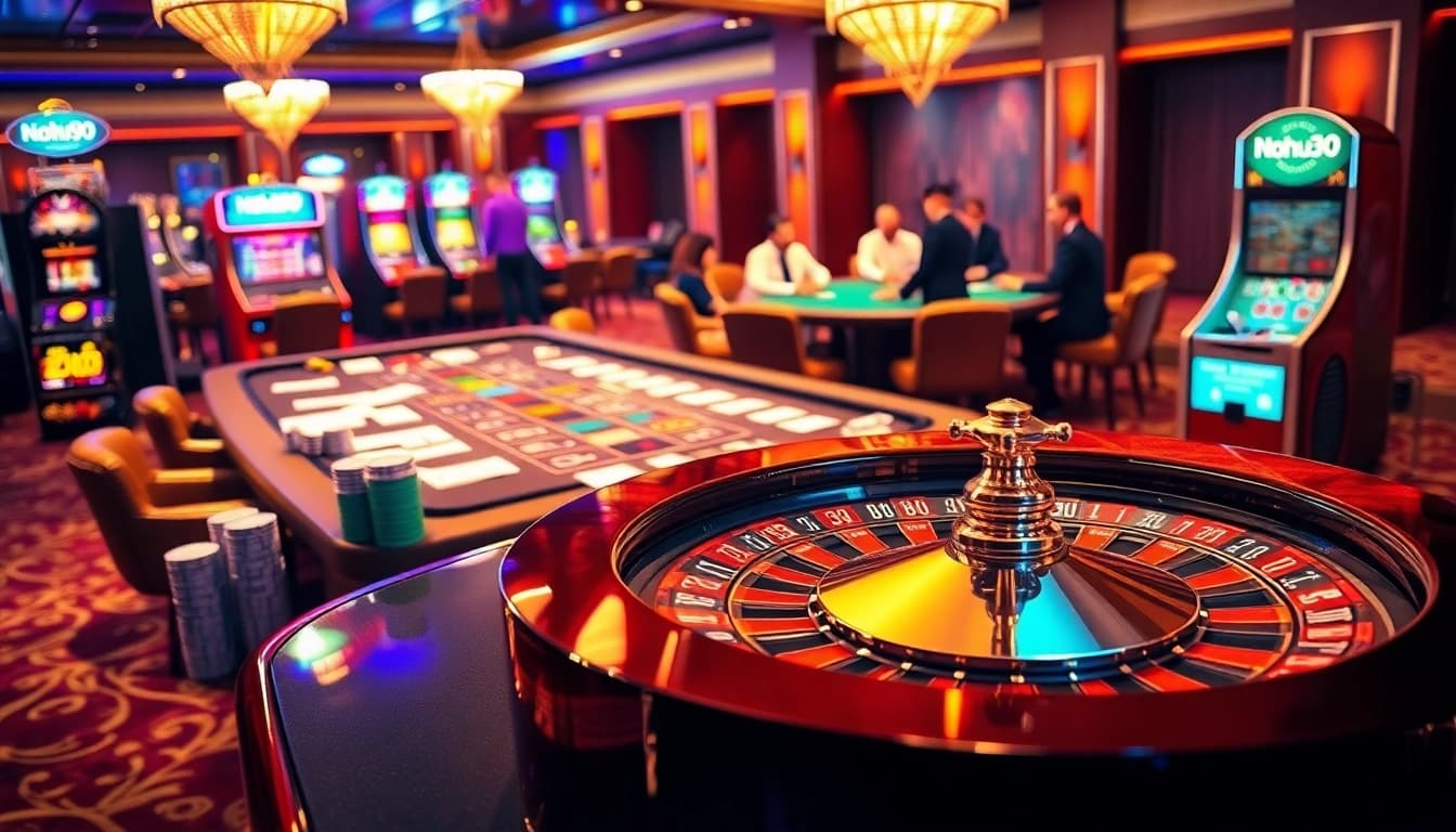 Nohu90 players enjoying an exciting game with vibrant slot machines and roulette wheel in a luxurious casino setting.
