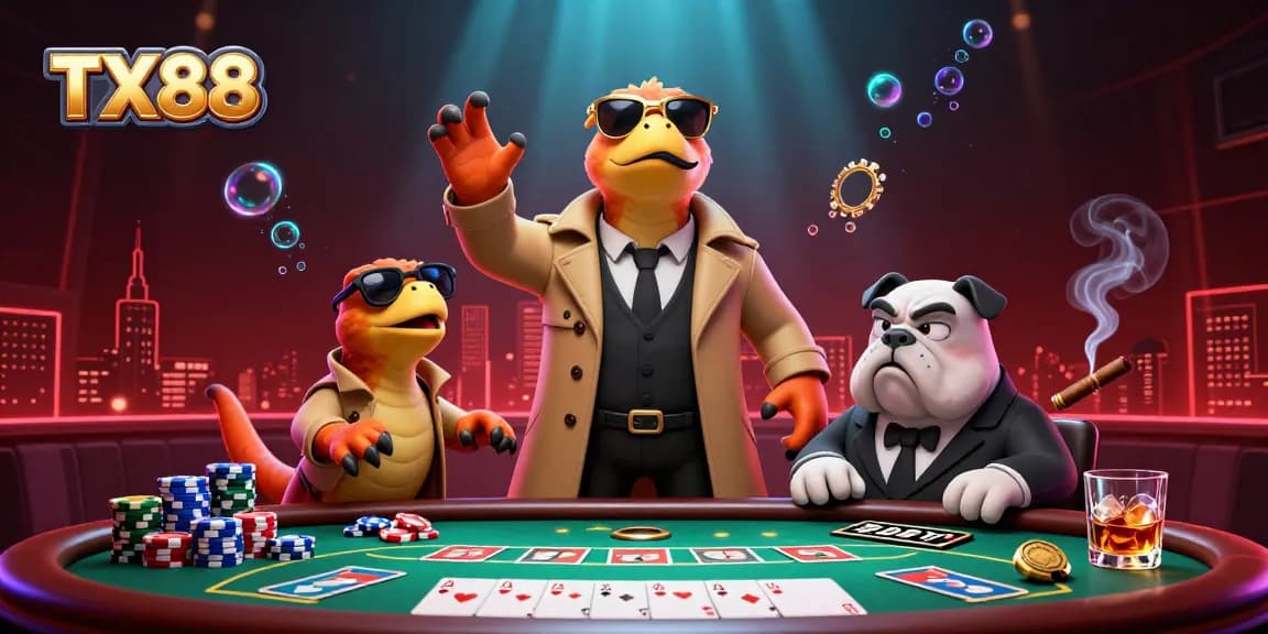 Engage with TX88 in a vibrant casino scene featuring raptors in disguise at a poker table.