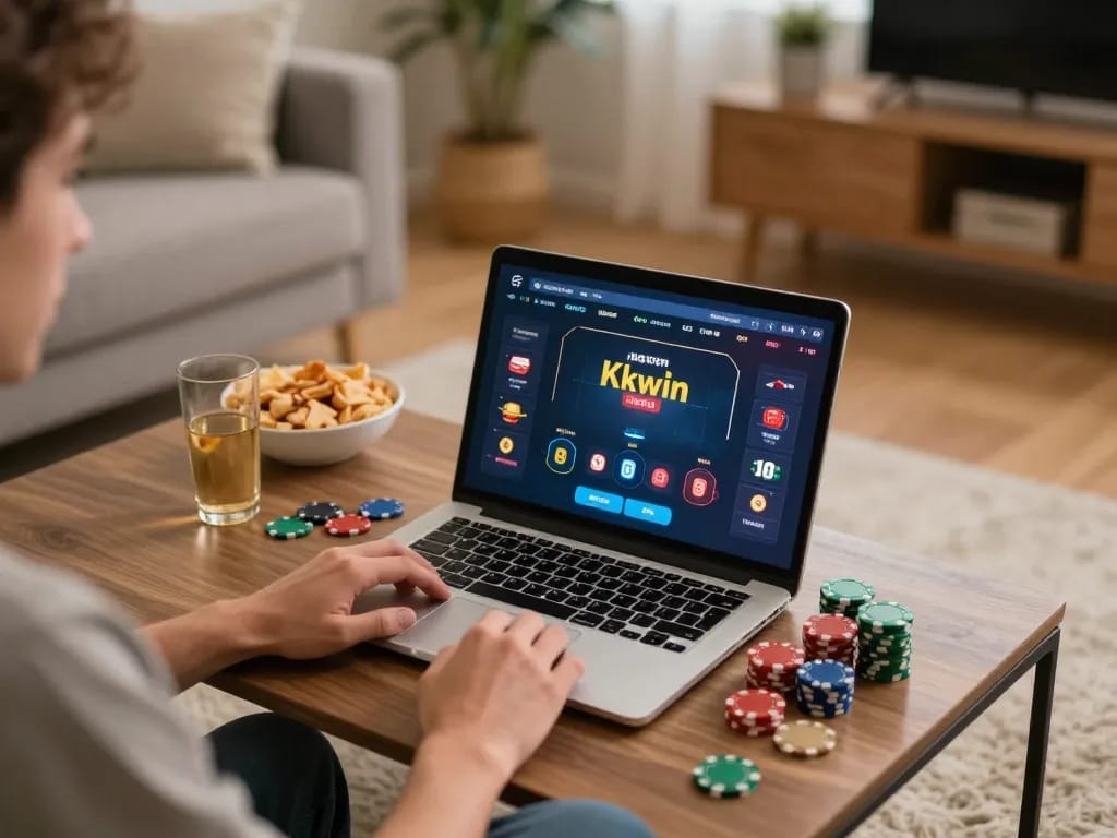 Kkwin user engaged in online poker at home, showcasing interactive gaming experience.