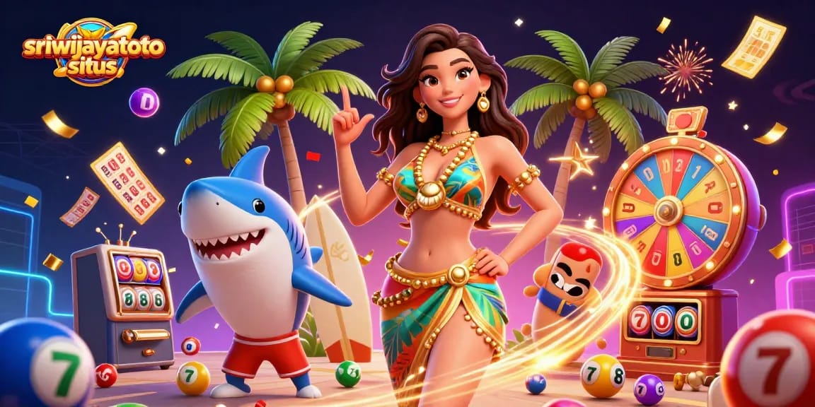 The vibrant scene captures the excitement of sriwijayatoto situs with a glamorous woman and playful shark amidst colorful lottery elements and dynamic celebration.