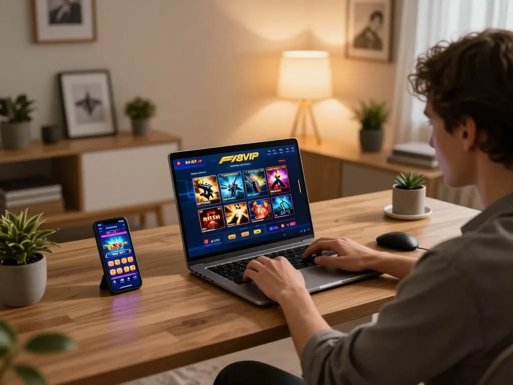 Engaging with F168VIP online casino on a laptop in a stylish home office setting