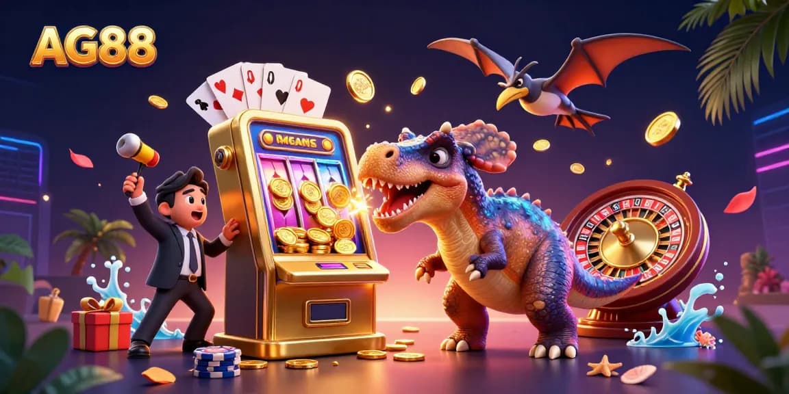 AG88 showcases epic jackpot excitement with cartoon dinosaurs in a vibrant casino scene.