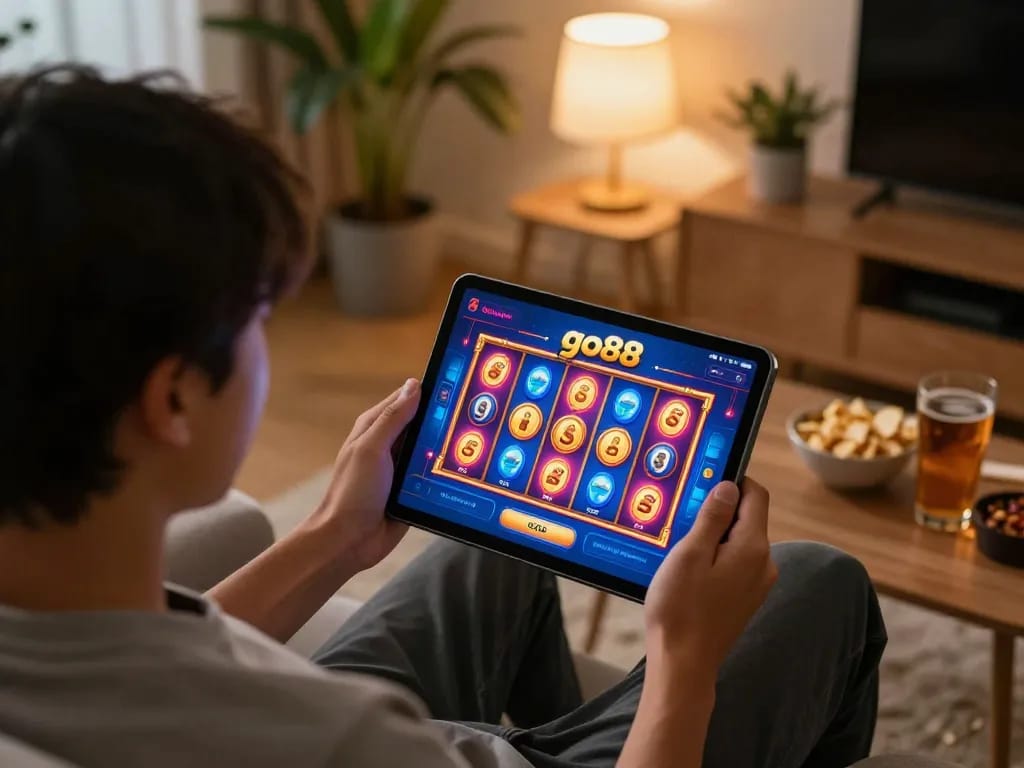 Player engaging with go88 casino app on tablet, showcasing vibrant slot games in a cozy home setting.
