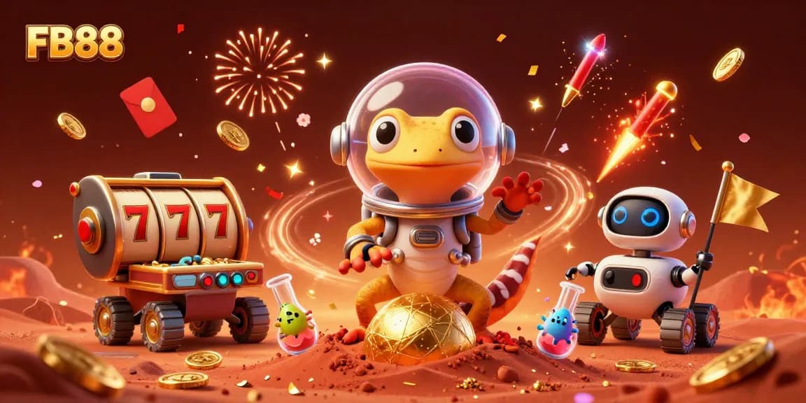 Experience the thrill of FB88 with a Martian gecko discovering a golden casino in this vibrant illustration.