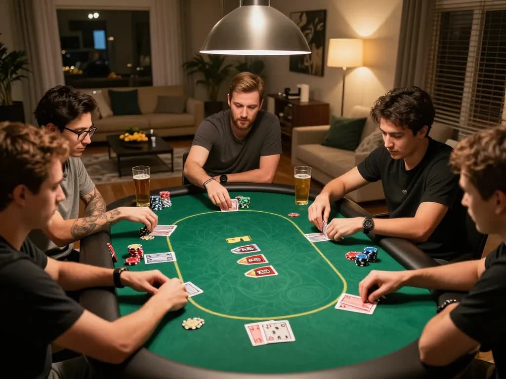 Players enjoying a thrilling poker night at home with LUCKY88, showcasing exciting gameplay and camaraderie