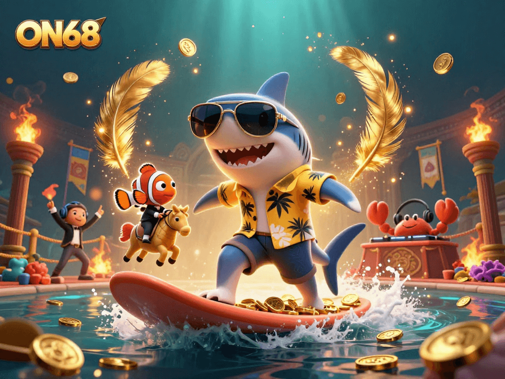 Engage with ON68's thrilling gaming adventure as characters dive into a sea of gold coins!