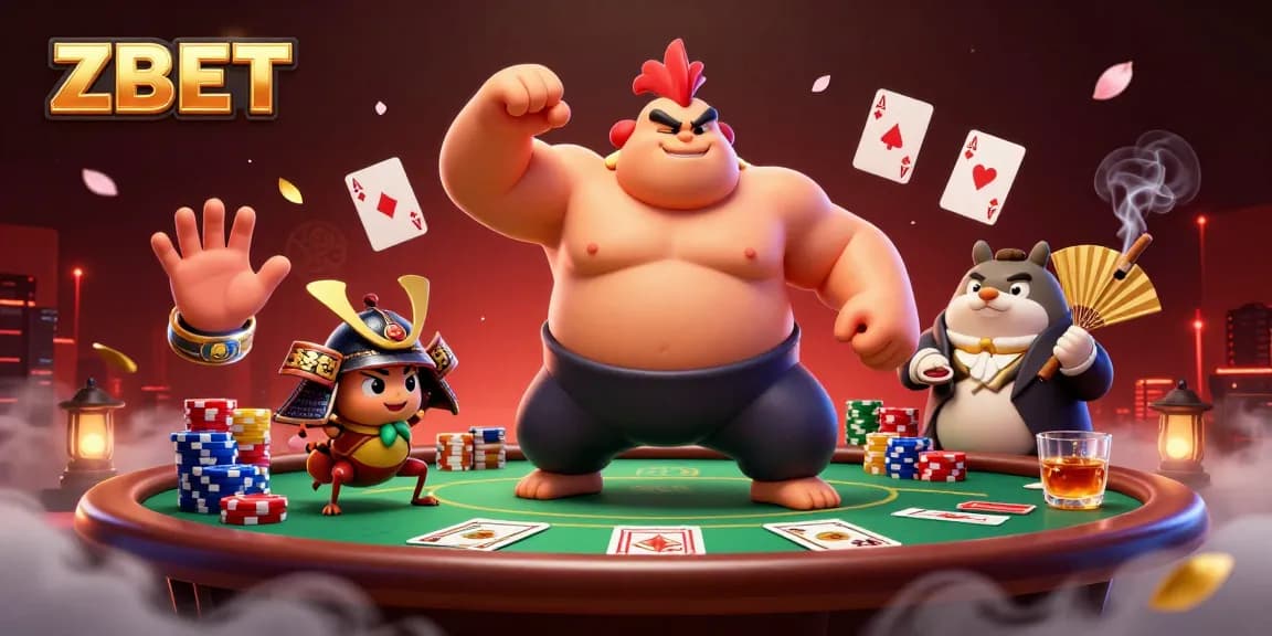 ZBET's exciting 3D scene with cartoon characters around a lively poker table, showcasing action and vibrant colors.