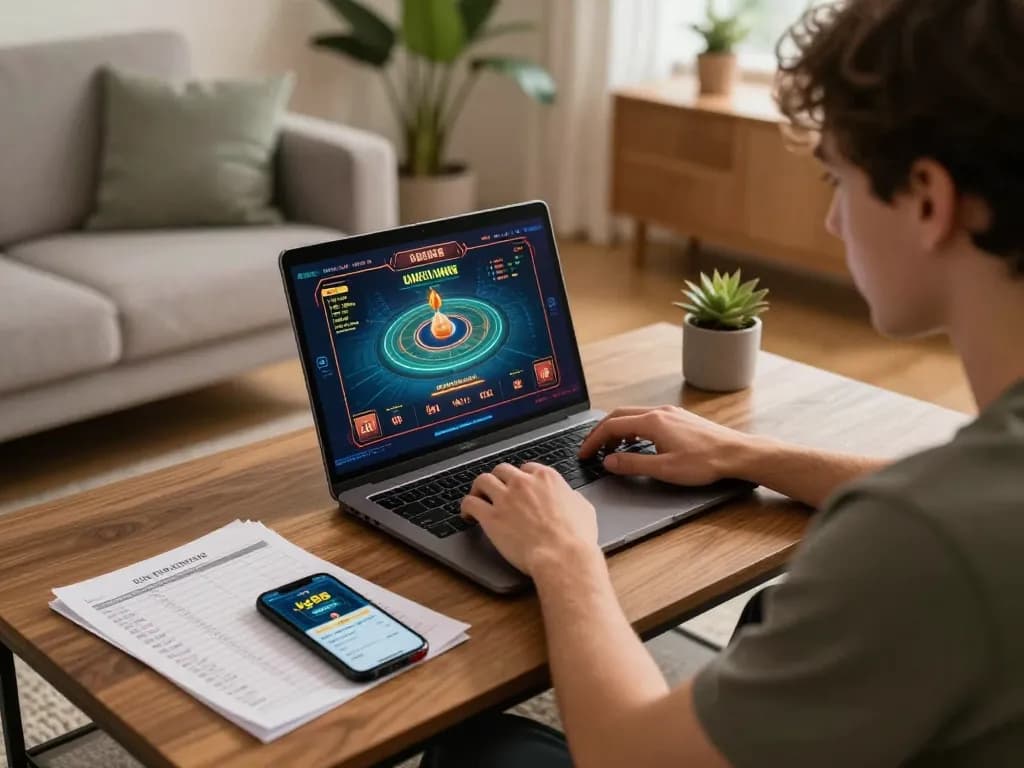 Play a thrilling online game on kp88 from a comfortable home setup with a laptop and supportive notes.