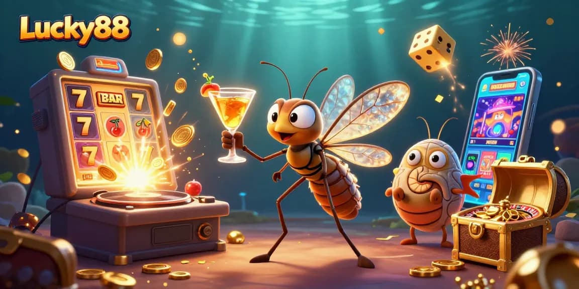 Experience the excitement of Lucky88 with a lively casino scene featuring unique characters and vibrant game elements.