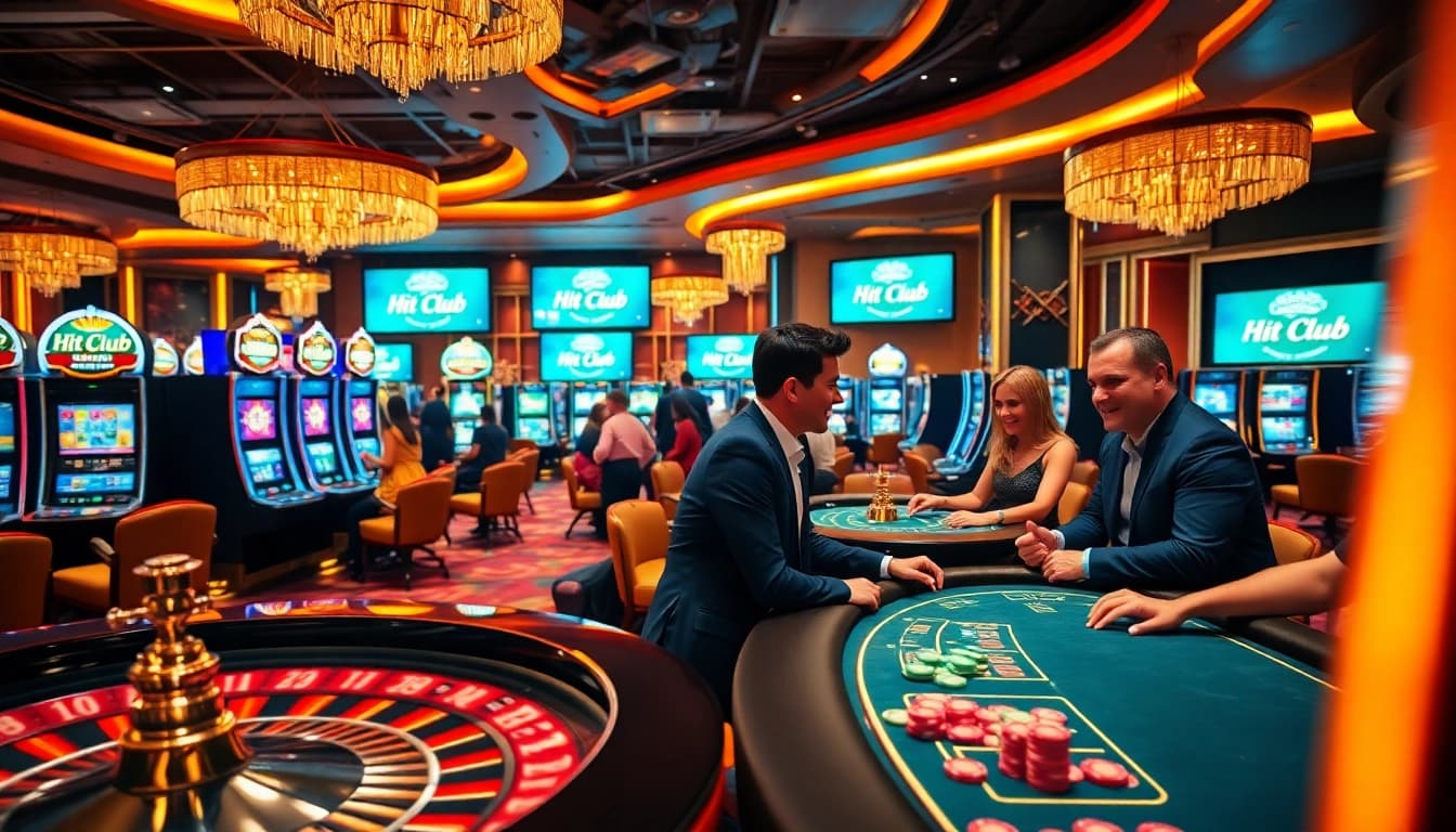 Players enjoying a thrilling gaming experience at the hit club casino, surrounded by vibrant tables and machines.