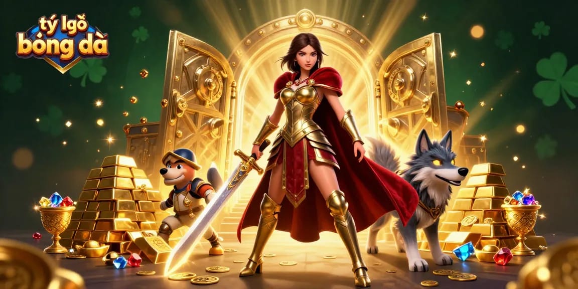 Experience tỷ lệ bóng đá with a glorious warrior queen and animated wolf amid golden treasures.