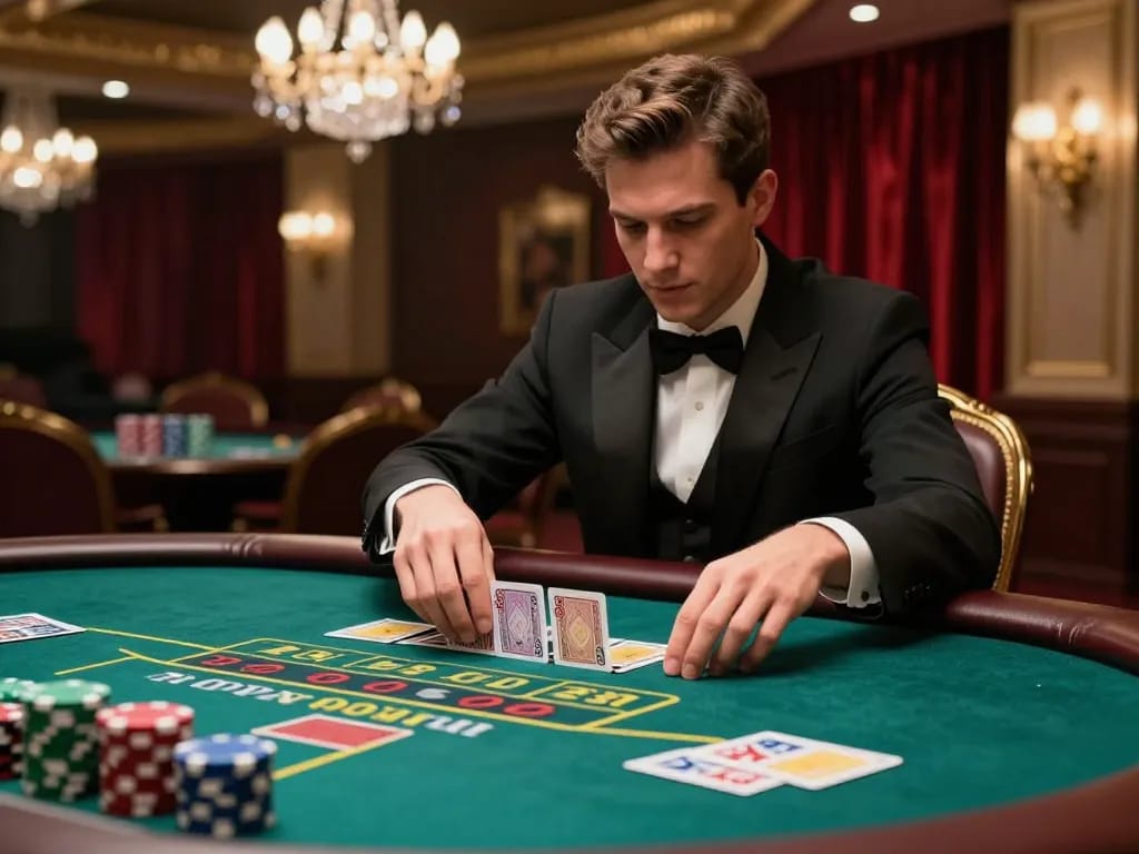 Player analyzing cards at baccarat table with chips from https://du88.autos/ in elegant casino setting, showcasing strategic gameplay.