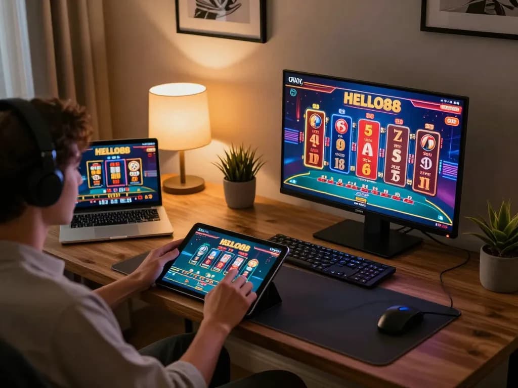 Engaging in HELLO88 online gaming with vibrant gameplay displayed on multiple screens in a cozy home office.