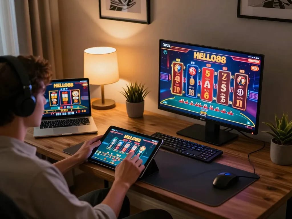 Engaging in HELLO88 online gaming with vibrant gameplay displayed on multiple screens in a cozy home office.