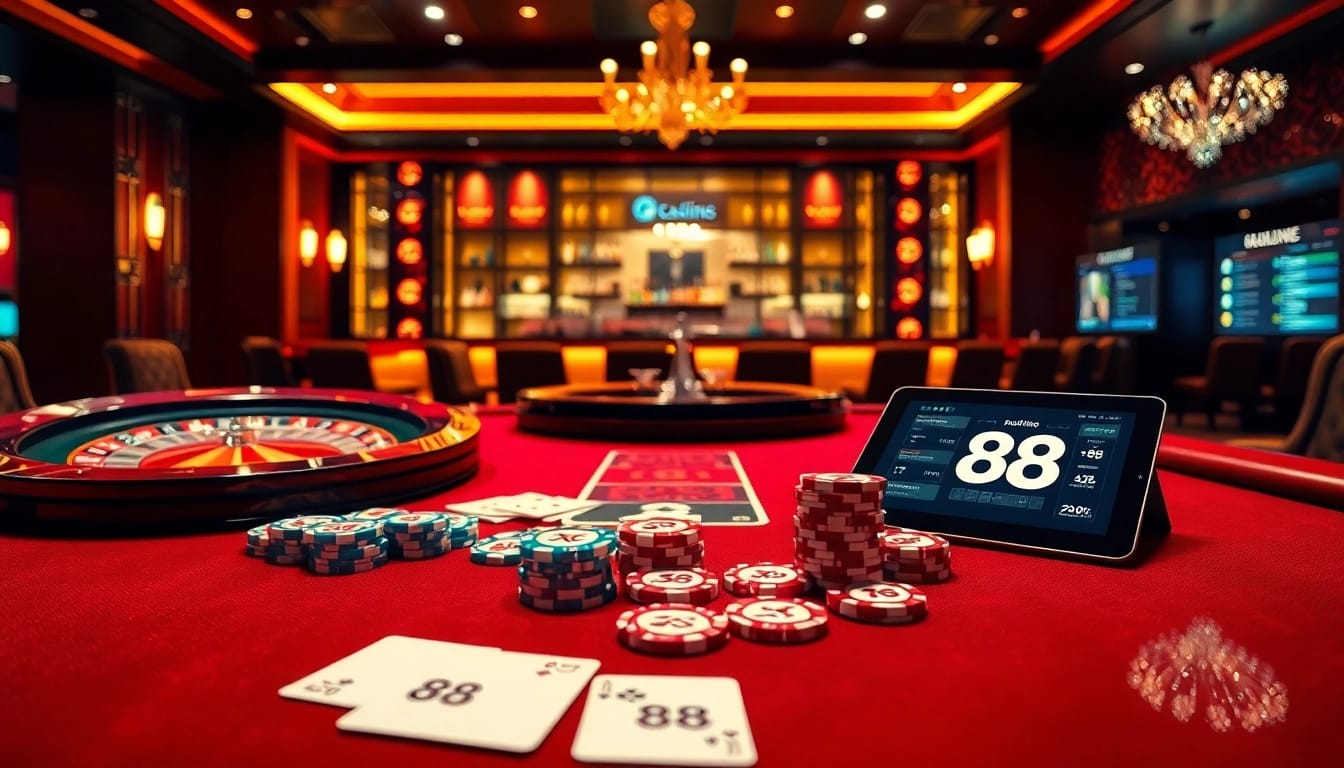 Experience the thrill of high-stakes poker at XX 88, showcasing vibrant chips and elegant tables.