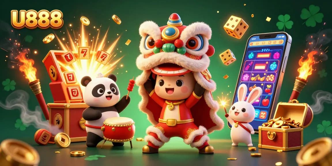 Engage with U888's vibrant casino experience featuring a lion dance and slot machine jackpot.