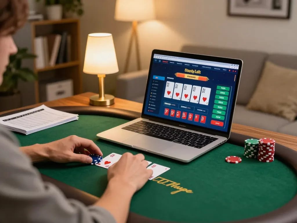 Player enjoying poker at nk88 online casino in cozy home setup, highlighting strategic gameplay.