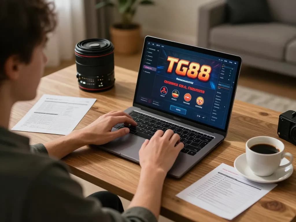 Engaging with TG88 online casino gaming on a laptop in a cozy home environment