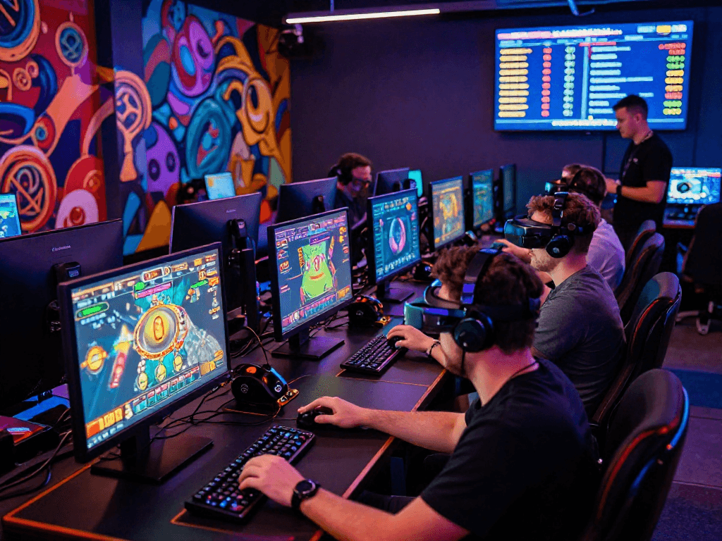 Exciting crypto casino gaming lounge with players enjoying immersive digital games and vibrant decor