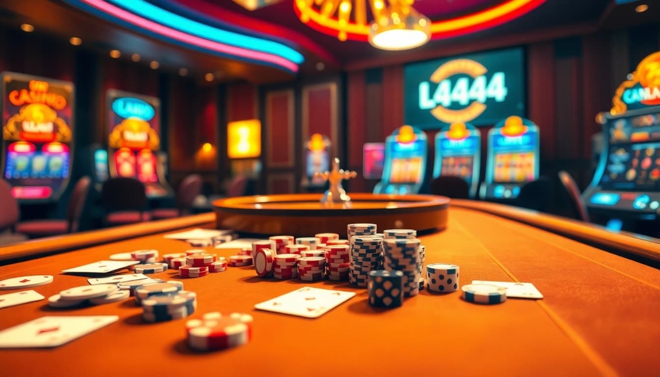 L444 online gambling scene with poker chips and casino cards in a luxury setting.