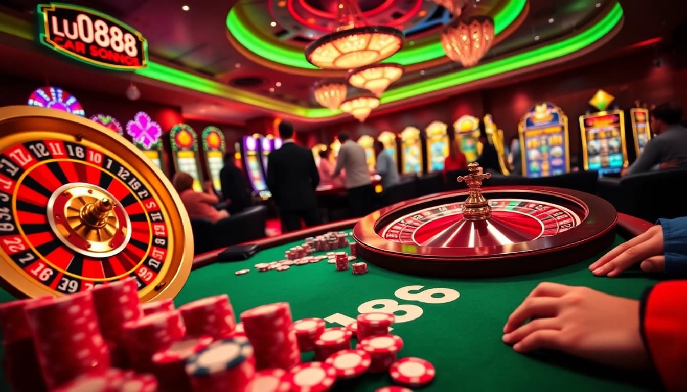 Experience the thrill of LU88 at a luxurious poker table filled with vibrant chips and players.