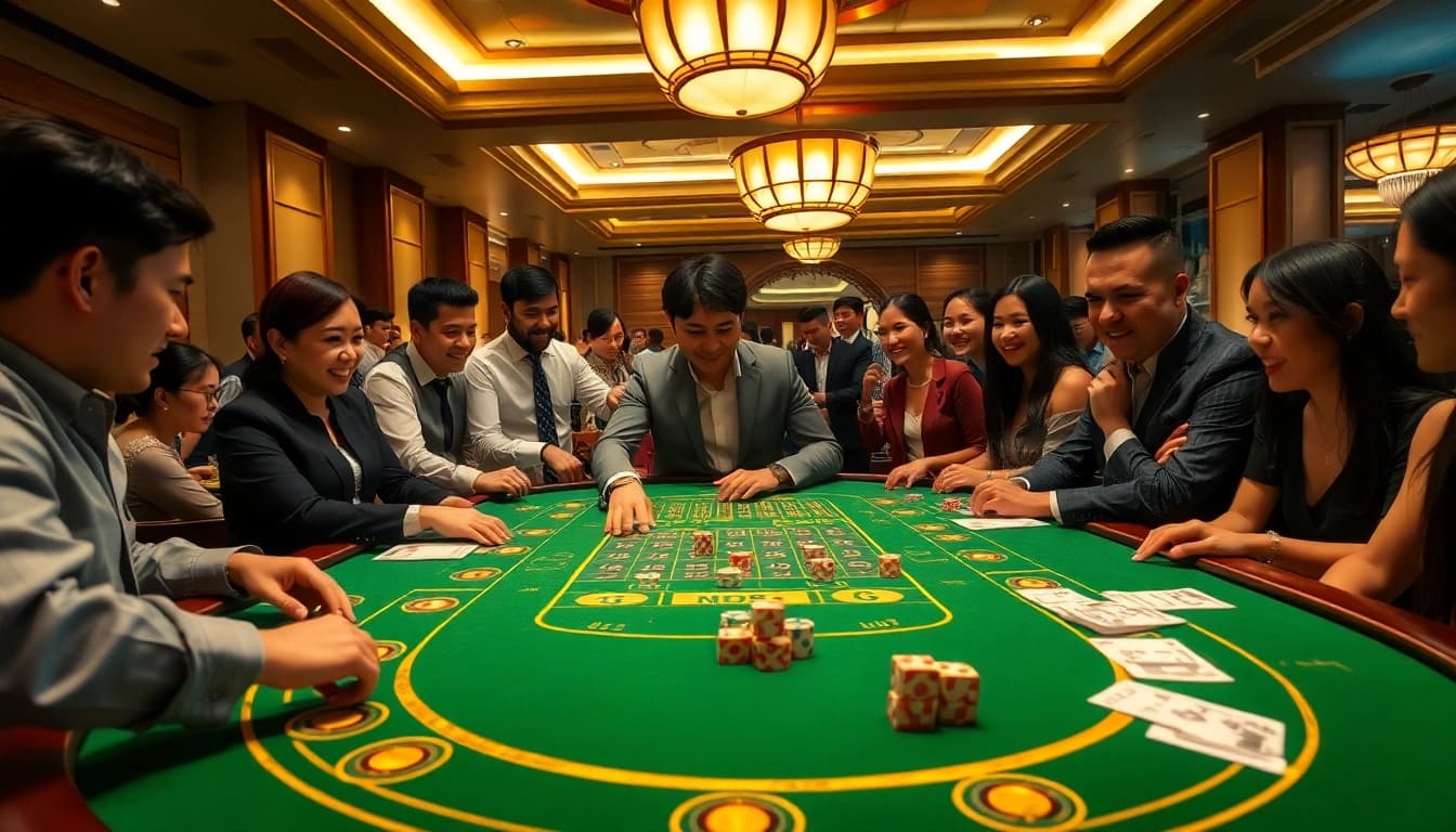 Engaging gameplay at Tài Xỉu MD5 with gamblers around a vibrant table.