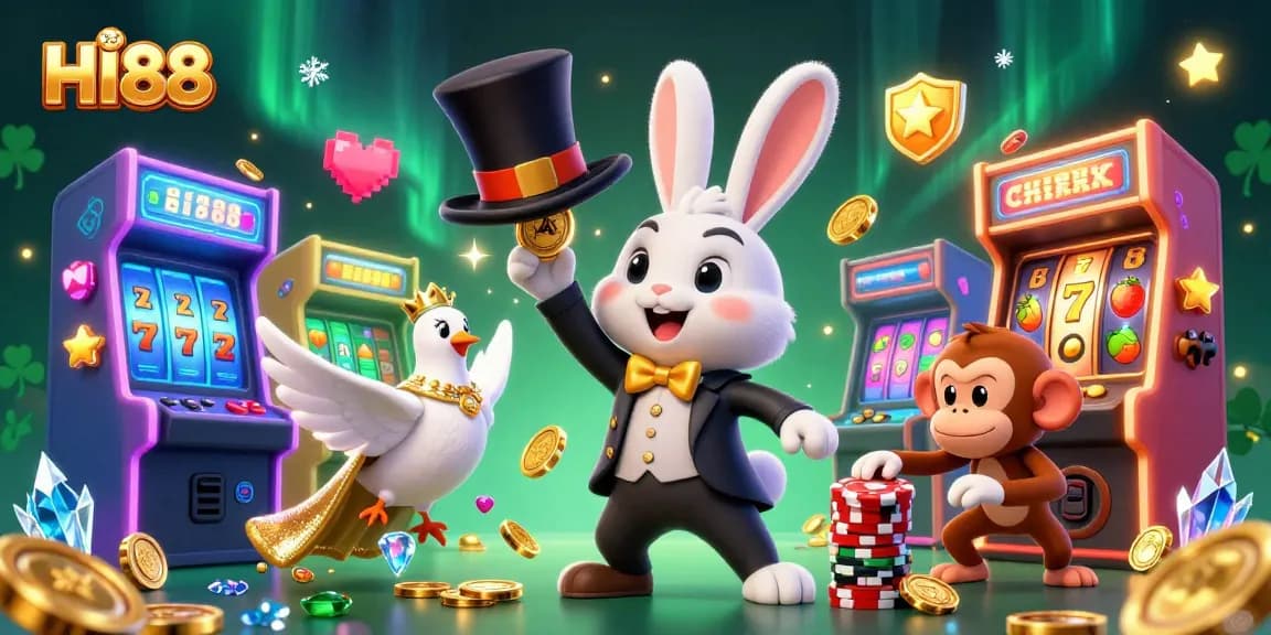 Engage with HI88's vibrant slots scene featuring a magician rabbit, dove, and monkey amidst thrilling arcade elements.