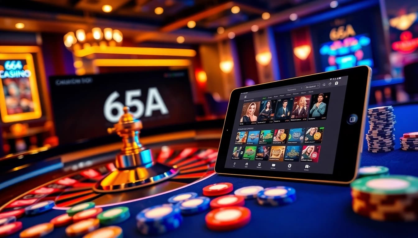 Engage with the thrilling atmosphere of 65A, featuring a casino table, cards, and vibrant gambling screens.