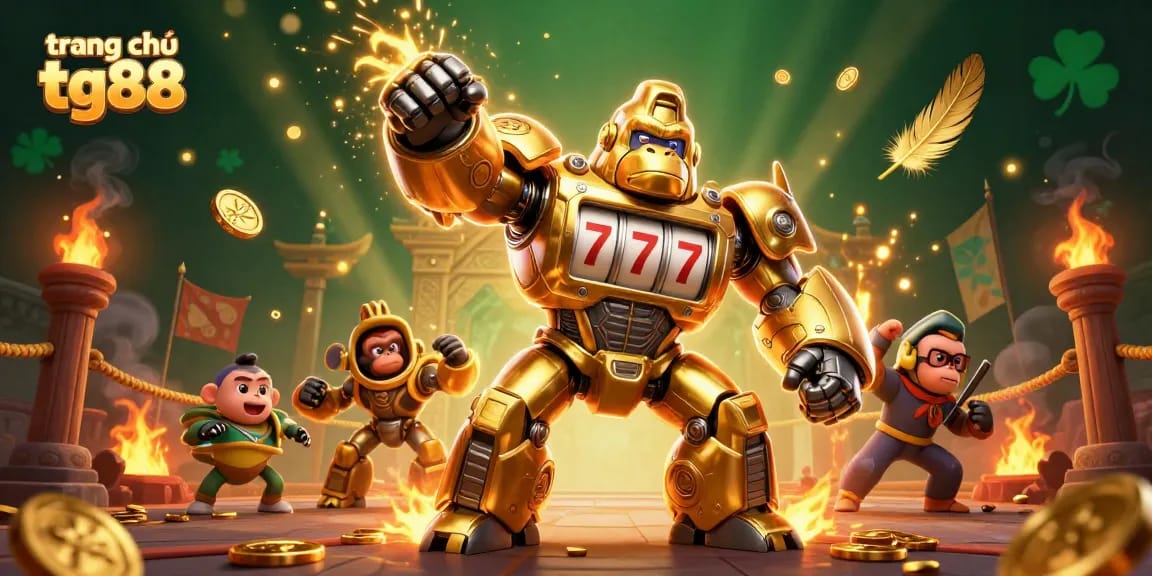 Engage with the electrifying atmosphere of trang chủ tg88 as a golden gorilla mech bursts forth in a whirlwind of casino elements.