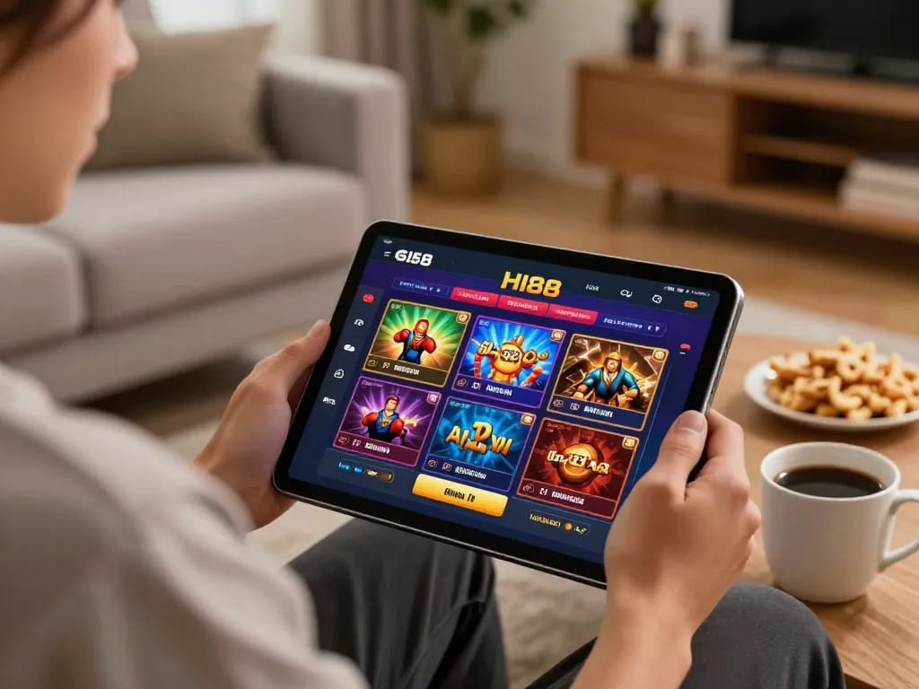 Link vào Hi88 displayed on a tablet screen during an inviting home gaming session, highlighting excitement in a cozy environment.
